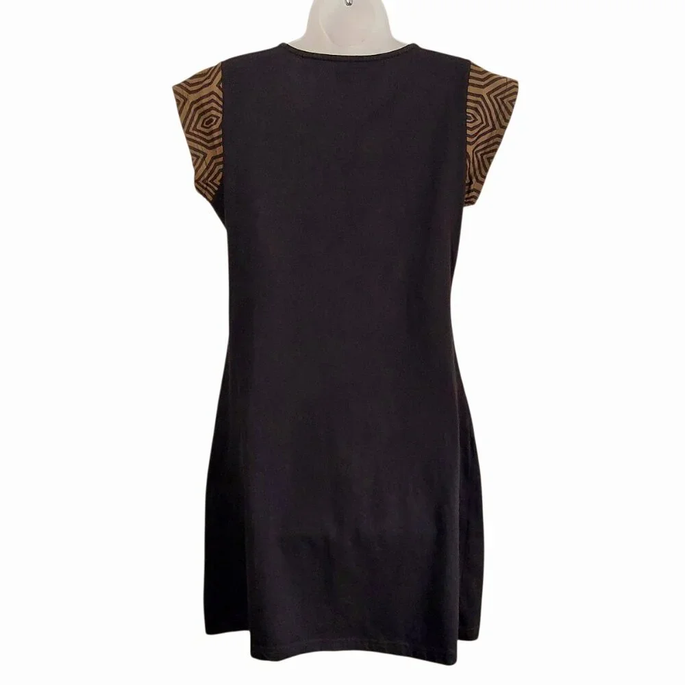 Adria Mode Organic Cotton Black w Mandalas Short Sleeve A-Line Boho Chic Dress M